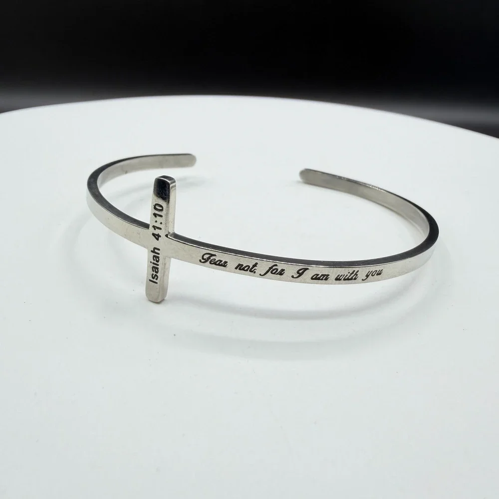 Silver Tone Isaiah 41:10 Cross Cuff Bracelet Christian Faith Inspirational Gift